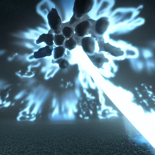 Prompt: An exploding jet-black skeleton explodes, negative photography, unreal engine, molecules flying