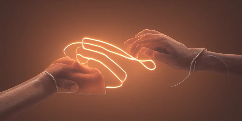 Image similar to a beautiful illustration of two hands touching, bound by a glowing hot wire wrapped around the wrists, background a wooden table surface, bird's view, octane render, 8 k, artstation