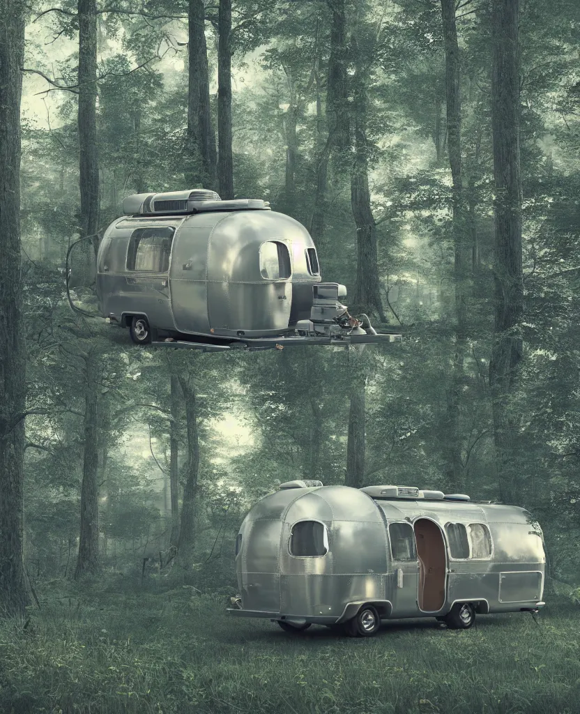 Image similar to image of a sylish vintage airstream camper in magical forest, photorealistic, digital painting, artstation, intricate artwork by Tooth Wu and wlop and beeple. octane render, trending on artstation, greg rutkowski very coherent symmetrical artwork. cinematic, hyper realism, high detail, octane render, 8k