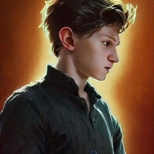 Image similar to Young tom holland, highly detailed, digital painting, artstation, concept art, smooth, sharp focus, illustration, ArtStation, art by artgerm and greg rutkowski and alphonse mucha and J. C. Leyendecker and Edmund Blair Leighton and Katsuhiro Otomo and Geof Darrow and Phil hale and Ashley wood and Ilya repin and Charlie Bowater