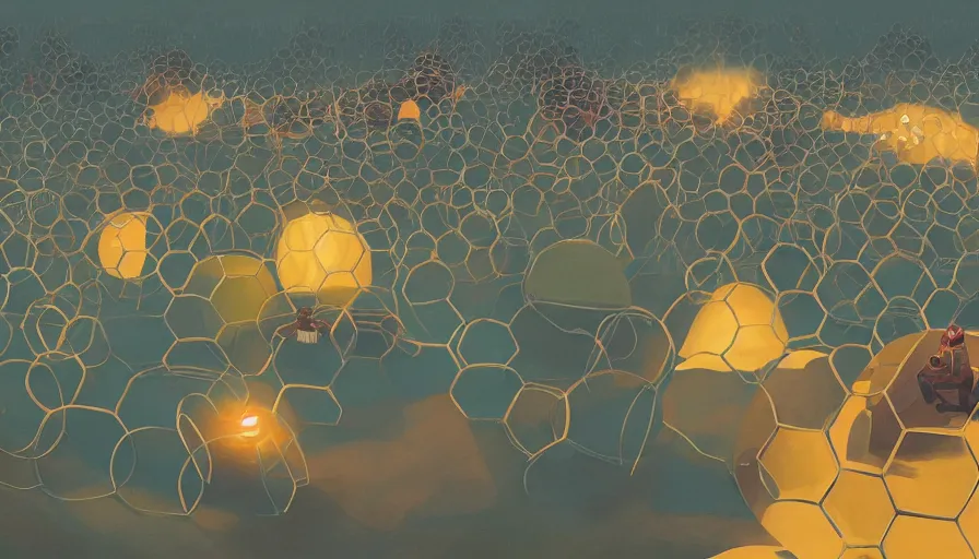 Prompt: hexagons between planet earth and the sun, simon stalenhag