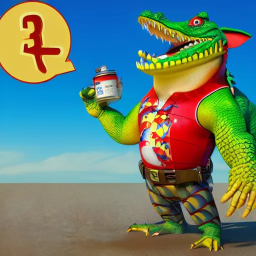 Image similar to 3 d render, anthropomorphic alligator, red scales on his back, yellow scale on his belly and chest, male, waring a hawaiian shirt, in the style of zootopia, hd, 4 k, high definition background