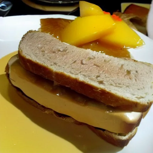 Image similar to foie gras sandwich with mango covered with huge amount of honey, bad, grainy and blurry amateur photo