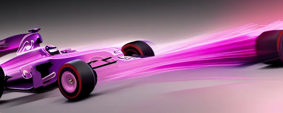 Image similar to abstract illustration of a formula one car, synthwave, purple and pink, motion blur, light streaks, octane render, depth of field