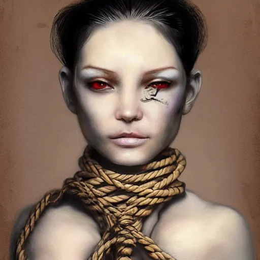 Image similar to portrait of a Shibari rope wrapped face and neck, headshot, insanely nice professional hair style, dramatic hair color, digital painting, of a old 13th century, traveler, amber jewels, baroque, ornate clothing, scifi, realistic, hyperdetailed, chiaroscuro, concept art, art by Franz Hals and Jon Foster and Ayami Kojima and Amano and Karol Bak,