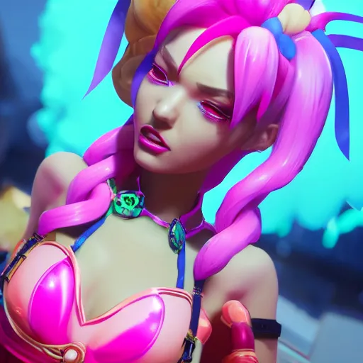 Image similar to still of pretty Jinx (League of Legends) in KDA More music video. 3d render, octane render, game art, realistic, highly detailed, trending on artstation, 4k, trending on artstation, pixar, cgsociety, unreal engine 5, redshift render, trending on artstation, blender, behance, cg