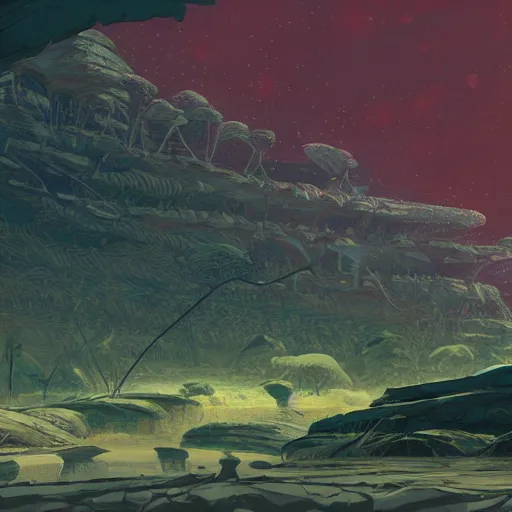 Image similar to concept art painting of an alien world full of prehistoric alien life, detailed, cel shaded, in the style of makoto shinkai and moebius and james gurney