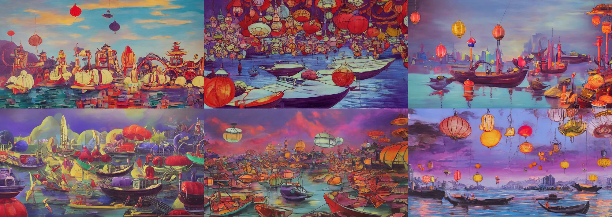 Prompt: absurdist chunky oil paint retro futuristic boats on river hills in background asian lanterns purple and red hues, surrealism, ornate, oriental