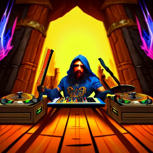 Image similar to fantasy painting of a dj set with turntable in a fantasy dungeon in the style of word of warcraft,