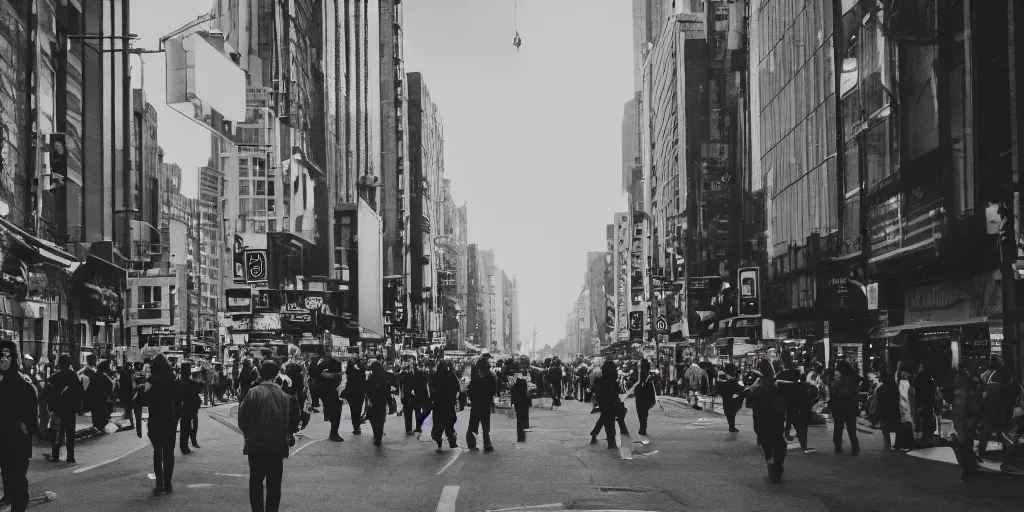 Prompt: city street, crowd, man in center frame, future retro, cinematic, atmospheric, cinematography by greig fraser, wide shot