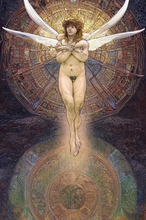 Prompt: a bull god angel of tranquility, hyper detailed, character concept, full body, dynamic pose, intricate, lineart, cerpuscular rays, by yoshitake amano, alfons mucha, 8 k, unreal
