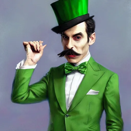 Image similar to hyper realistic, beautifully rendered, dapper fancy luigi wearing a green top hat, green suit and bowtie, smirking deviously, painted by greg rutkowski, wlop, artgerm, dishonored 2