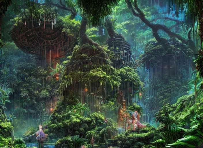 Image similar to Fantasy tropical forest temple. hidari, color page, tankoban, 4K, tone mapping, Akihiko Yoshida.