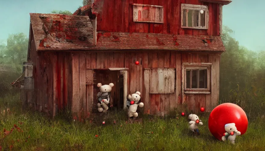 Image similar to teddy bears playing with red ball on an abandoned wooden old house, hyperdetailed, artstation, cgsociety, 8 k