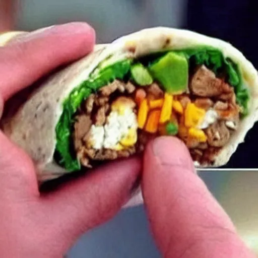 Image similar to jim carrey's head inside of a burrito, inside burrito, inside burrito