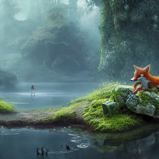 Prompt: soft painting render curiosities alien pond vegetation rocks, beautiful action shot fox covered moss scintillating, accurate features, focus, very intricate ultrafine details, random volumetric lighting, dense fog, award winning masterpiece, octane render 8 k hd, artstation, tom bagshaw