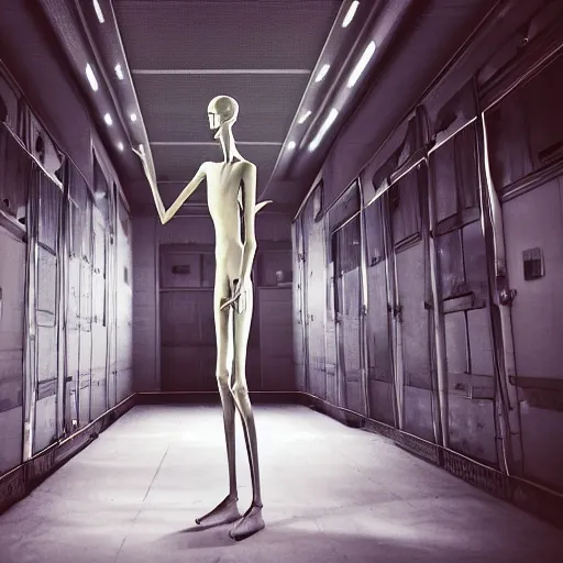 Image similar to an tall skinny creature with long legs and long arms, and long neck standing in a space station abandoned room, 4 k, photography, realistic, detailed,