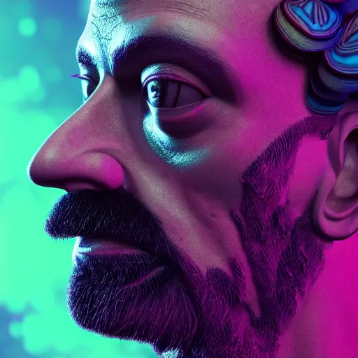 Image similar to terence McKenna posing seductively with psychedelic mushrooms, psychedelic, fractal, Claymorphism, cinematic lighting, dramatic, octane render, full body, trending on artstation, perfect facial symmetry, bokeh, 8k, intricate, hyper detailed