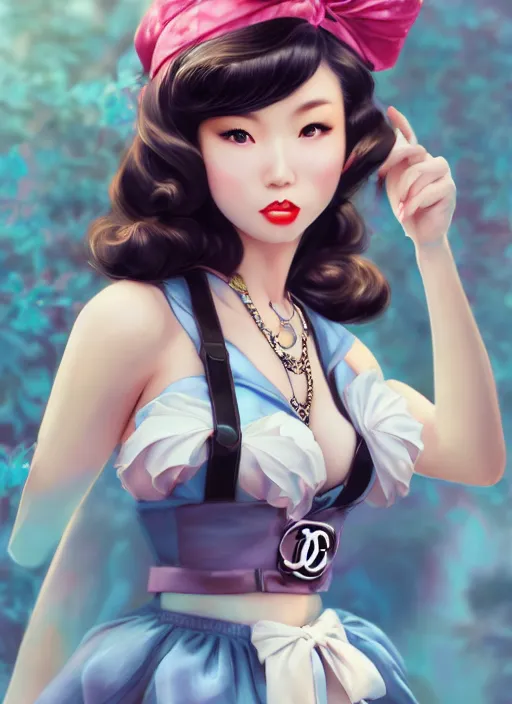 Image similar to a pin up and beautiful fashion dreamlke japan girl with lv jewelry, character art, art by artgerm, wlop, loish, hyperdetailed, 8 k realistic, symmetrical, global illumination, radiant light, frostbite 3 engine, cryengine, dof, trending on artstation, digital art, chanel, dior, detailed background