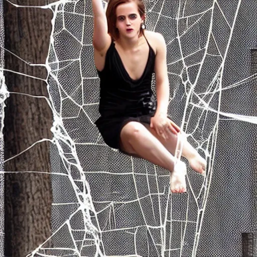 Image similar to frustrated emma watson dangling and trapped in giant spider webs