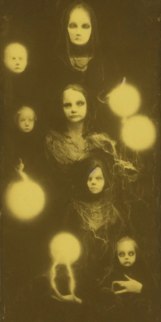 Image similar to spirit photography with glowing bulbous ectoplasm, scary reed people, sleep paralysis demon, 1 9 0 0 s, slimer, mourning family, invoke fear and dread, old photograph, daguerreotype, face of mona liza in the center