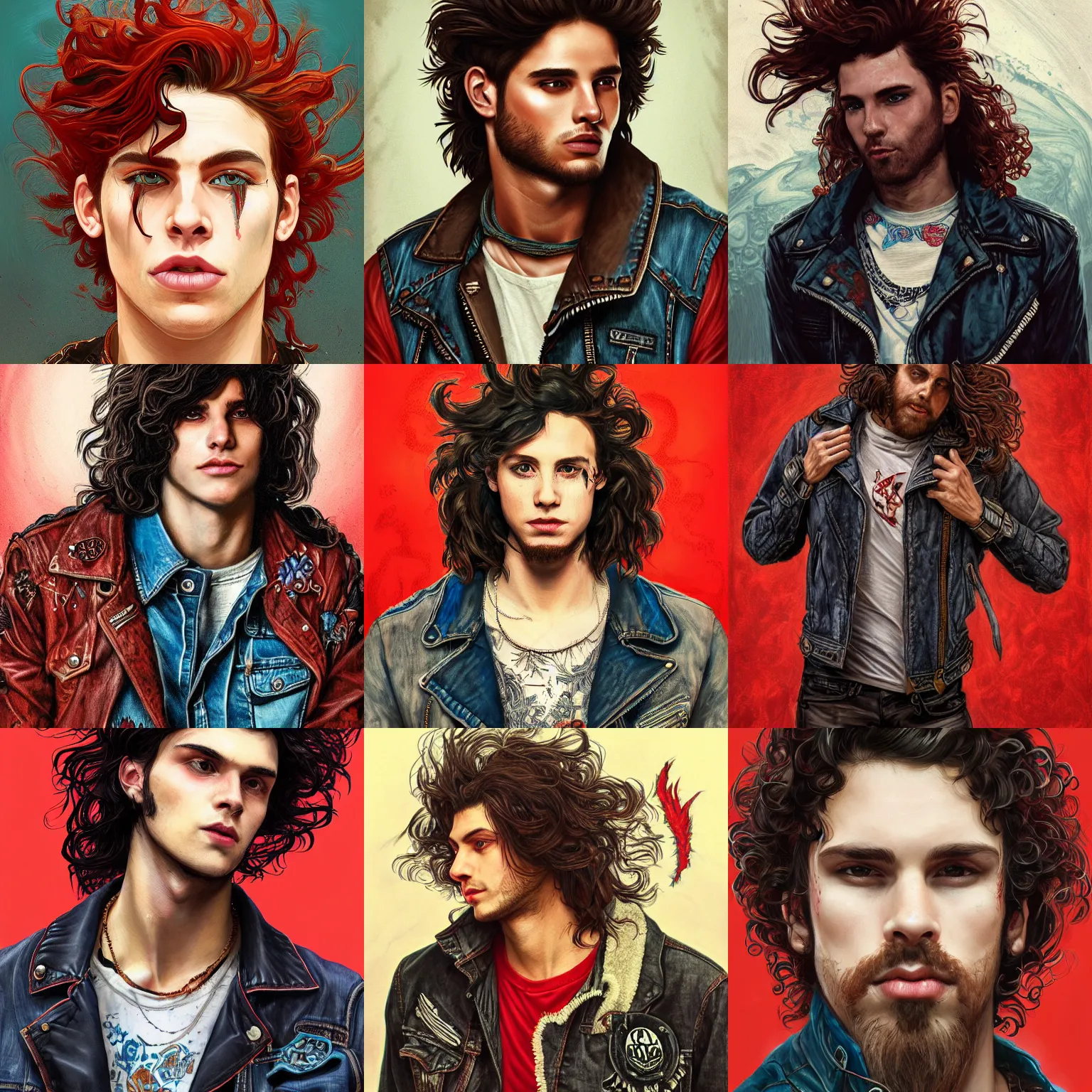 Prompt: Portrait of a pretty punk rock young man with messy long curly dark brown hair and a denim vest over a leather jacket surrounded by red lightning, face, intricate, elegant, highly detailed, digital painting, artstation, concept art, smooth, sharp focus, illustration, art by Fernanda Suarez and Artem Demura and alphonse mucha
