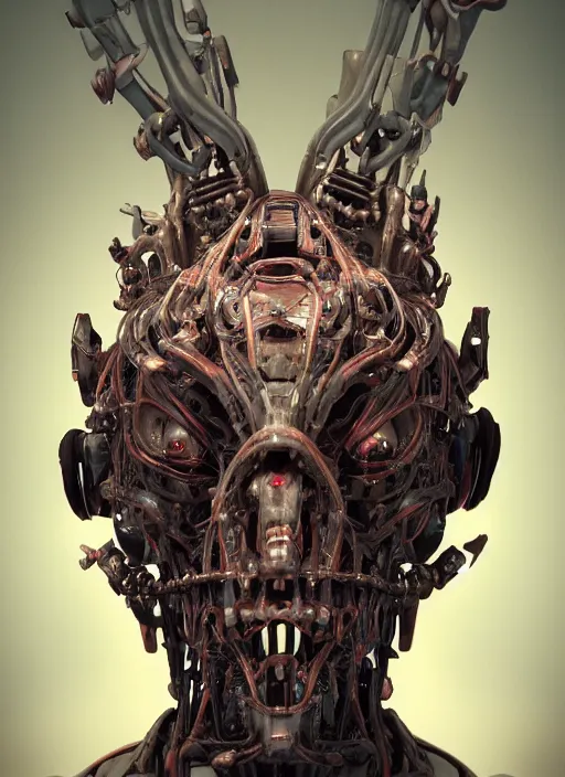 Image similar to a portrait up of a creepy looking biomechanical demon head, gigeresque cyberpunk art by ikuo hirayama, photorealism, octane render, behance hd, polycount, glowing fire background