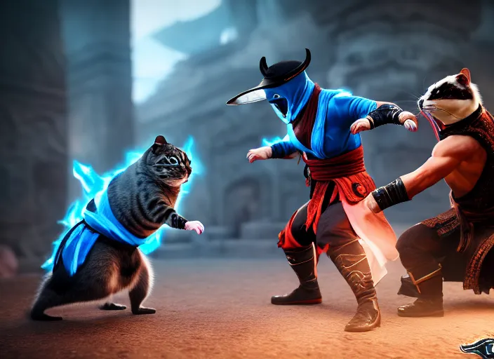 Image similar to hamster dressed as sub zero fights a cat dressed as kung lao in mortal kombat on the background of a laughing shao khan. fantasy magic style. highly detailed 8 k. intricate. lifelike. soft light. sony a 7 r iv 5 5 mm. unreal engine with nanite and path tracing