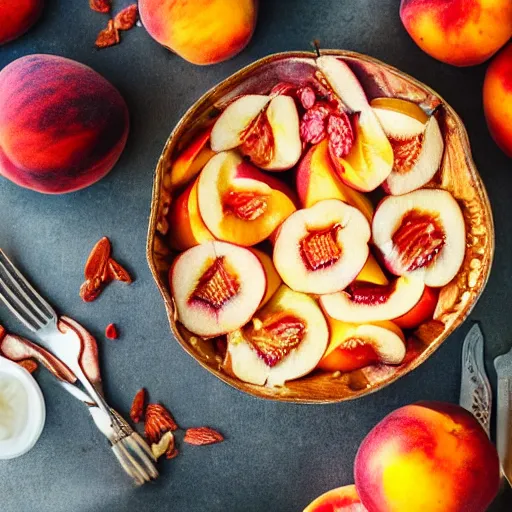 Prompt: A gorgeous professionally made cobbler, nectarines are cut up and sitting next to it, high quality food photography