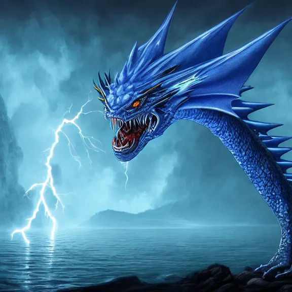 Image similar to blue dragon ghost, lightning, lake background, gerald brom, hyper detailed, 8 k, fantasy, dark, grim