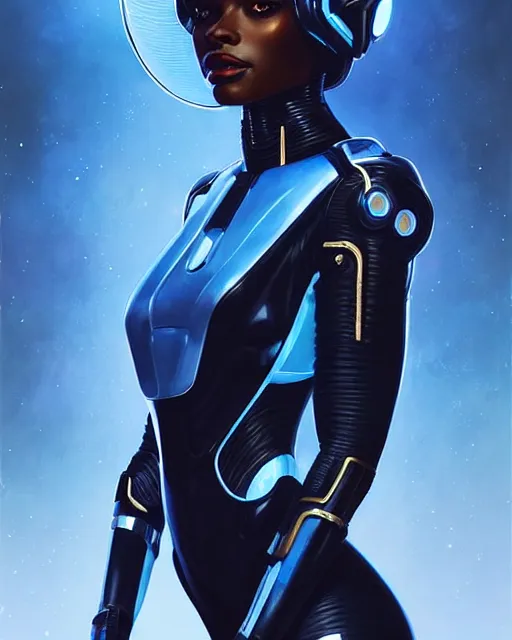 Image similar to Portrait of very very very very very very beautiful black woman, spacesuit, futuristic cybernetic helmet, blue eyes, real life skin, intricate, elegant, highly detailed, artstation, concept art, smooth, sharp focus, art by artgerm and greg rutkowski and alphonse mucha