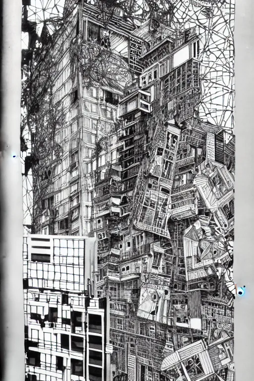 Image similar to a black and white drawing of a building, a detailed mixed media collage by hiroki tsukuda and eduardo paolozzi, intricate linework, sketchbook drawing, street art, polycount, deconstructivism, matte drawing, academic art, constructivism