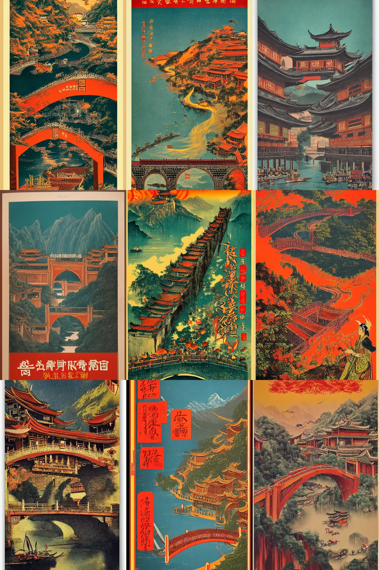Prompt: Vintage travel poster for the Fenghuang Phoenix Hong Bridge by Daniel Adel