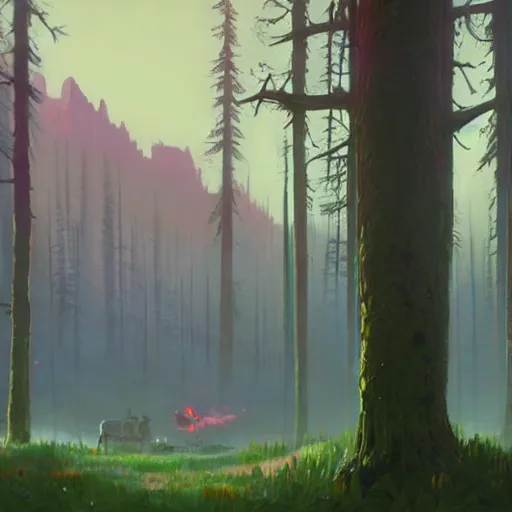 Image similar to breath of the wild, simon stalenhag, forest