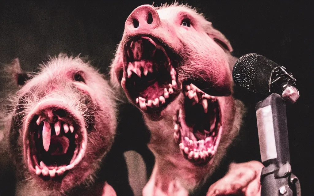 Image similar to a pig screaming on the microphone in a grindcore show