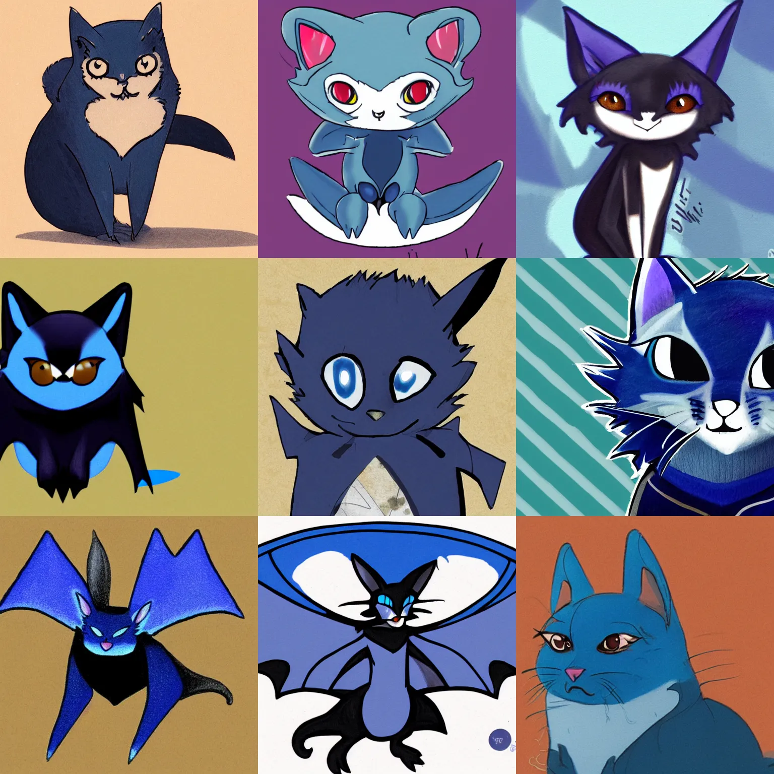 Prompt: a blue - and - black catbat fursona, nanopunk