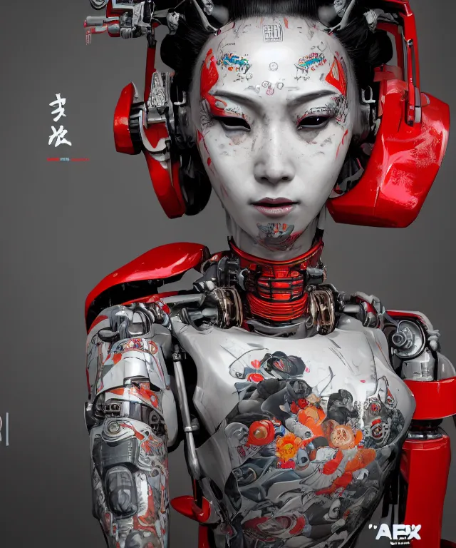 Image similar to an epic fantastic realism comic book style portrait painting of a japanese robotic geisha with kanji tattoos and decals, apex legends, octane render, intricate detail, 4 k hd, unreal engine 5, ex machina, irobot