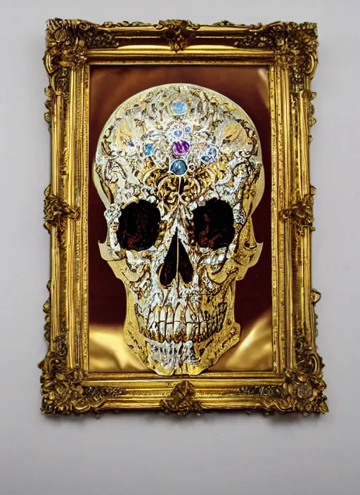 Image similar to baroque ornate gothic gold skull painting covered in jewels