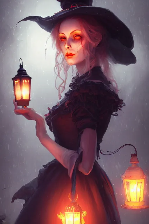 Image similar to portrait of a ghoulish victorian witch dark cheekbones holding a lantern, halloween night, charlie bowater, artgerm, ilya kuvshinov, krenz cushart, ruan jia, realism, ultra detailed, 8 k resolution