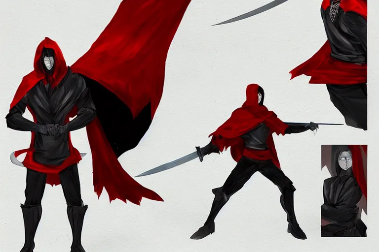 Image similar to a twin blade muscular swordsman, red and black cape and hoodie, scary, intimidating, worn out clothes, torn clothes, concept by Gilles Beloeil