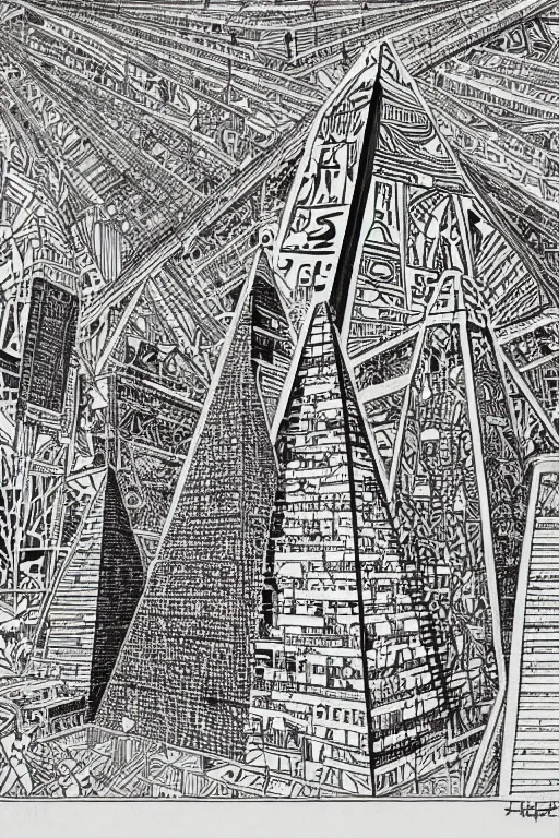 Image similar to a black and white drawing of a egyptian pyramid cityscape, a detailed mixed media collage by hiroki tsukuda and eduardo paolozzi and moebius, intricate linework, sketchbook psychedelic doodle comic drawing, geometric, street art, polycount, deconstructivism, matte drawing, academic art, constructivism