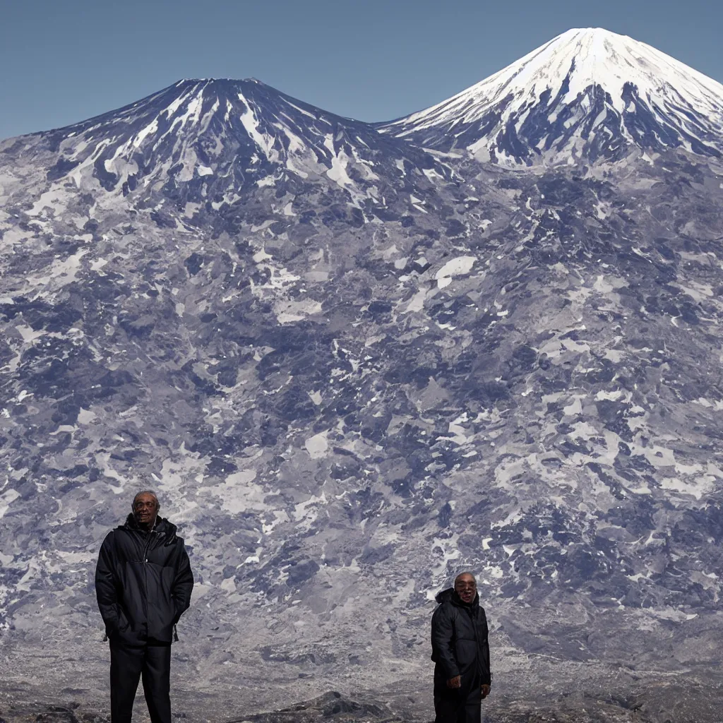 Image similar to old black man, silver metallic moncler jacket, mt fuji in background,