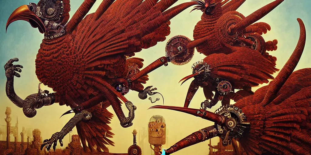 Image similar to digital painting of angry mechanical roosters fighting, by wayne barlowe and bob pepper and karl wilhelm de hamilton, dieselpunk, steampunk, highly detailed, intricate, sharp focus, portrait, talons, anatomy, beak, wings