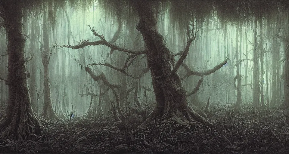 Image similar to A dense and dark enchanted forest with a swamp, by john howe