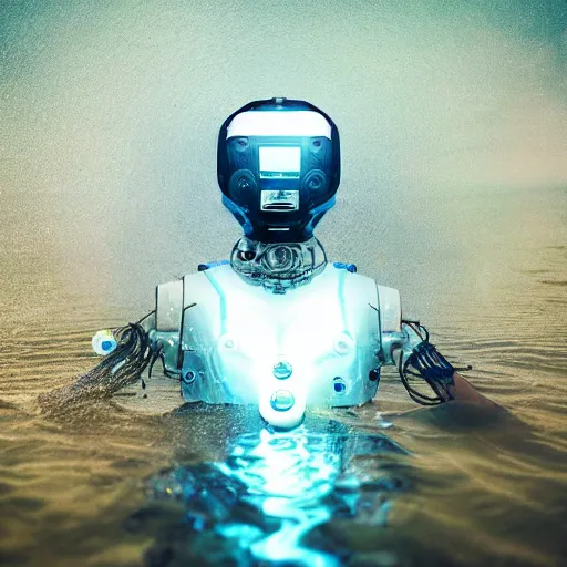 Image similar to beautiful centered fine art photo portrait of hoyeon jung as a solarpunk robotic humanoid treading on water, white mechanical parts with led lights, ultra - detailed and intricate, sun lighting, soft focus, slow exposure hdr 8 k