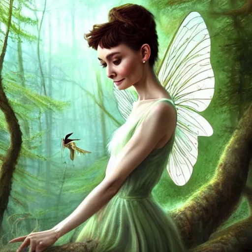 Image similar to audrey hepburn as a winged fairy in a fantasy forest, various backgrounds, highly detailed, digital painting, artstation, matte, illustration, art by artgerm, greg rutkowski, tom bagshaw