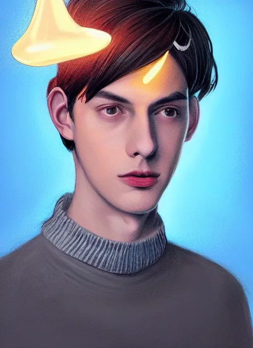 Image similar to portrait of teenage jughead jones wearing a light grey crown, crown, blue turtleneck, 1 9 5 0 s, closed eyes, photorealistic, black hair, glowing lighting, intricate, elegant, glowing lights, highly detailed, digital painting, artstation, concept art, smooth, sharp focus, illustration, art by wlop, mars ravelo and greg rutkowski