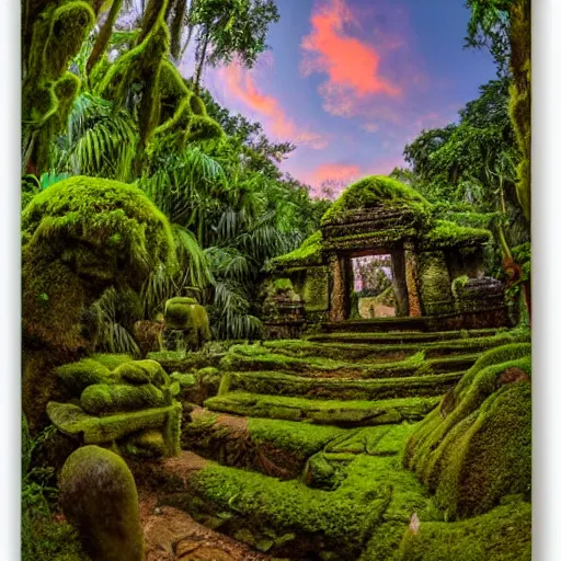 Image similar to a jungle temple surrounded by moss and tropical flowers, with a sunset, by alex horley, bokeh photography