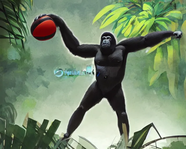 Image similar to a gorilla holding a volleyball and playing volleyball in a jungle, volleyball net, digital illustration, inspired by greg rutkowski and artgerm, high detail