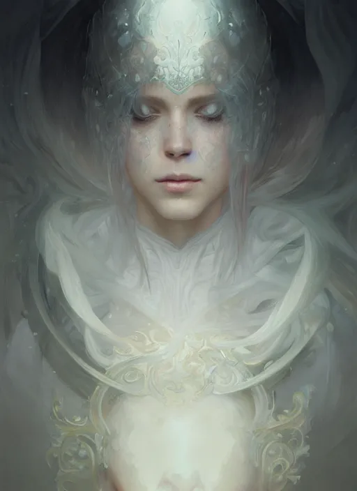 Image similar to portrait of person with face full of white mist, fantasy, medieval wear, intricate, elegant, highly detailed, digital painting, artstation, concept art, smooth, sharp focus, illustration, art by artgerm and greg rutkowski and alphonse mucha